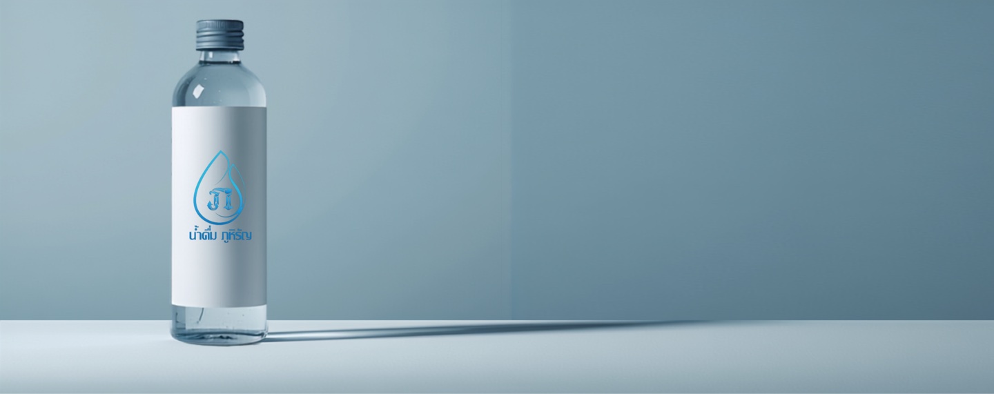 A bottle of Phuhiran drinking water on a pale blue studio backdrop